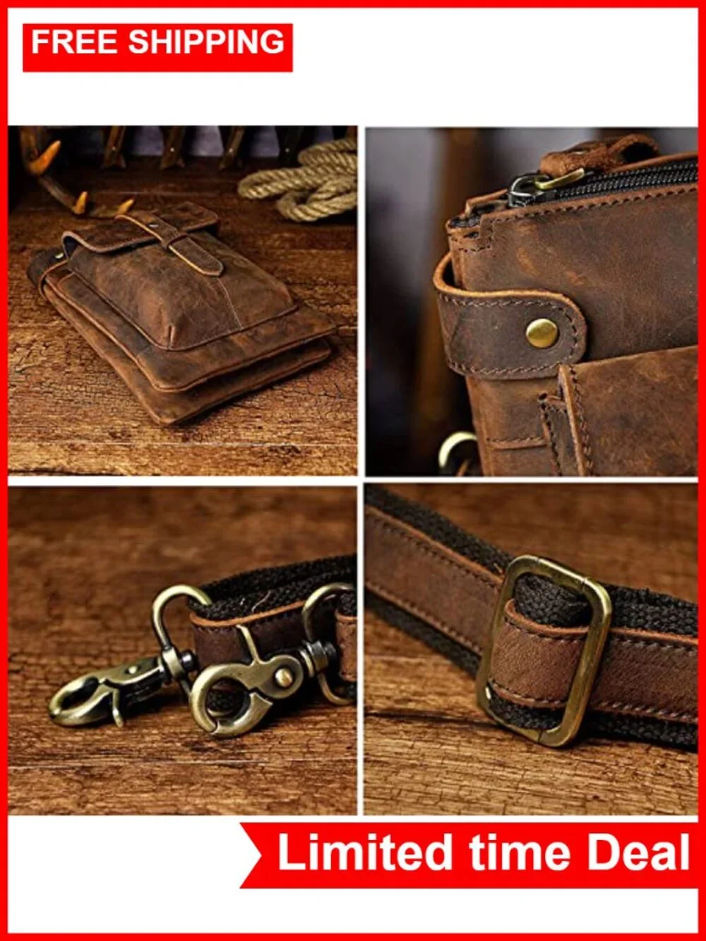 Genuine Leather Messenger Bag Convertible Waist Pack Adjustable Strap 3 Pockets